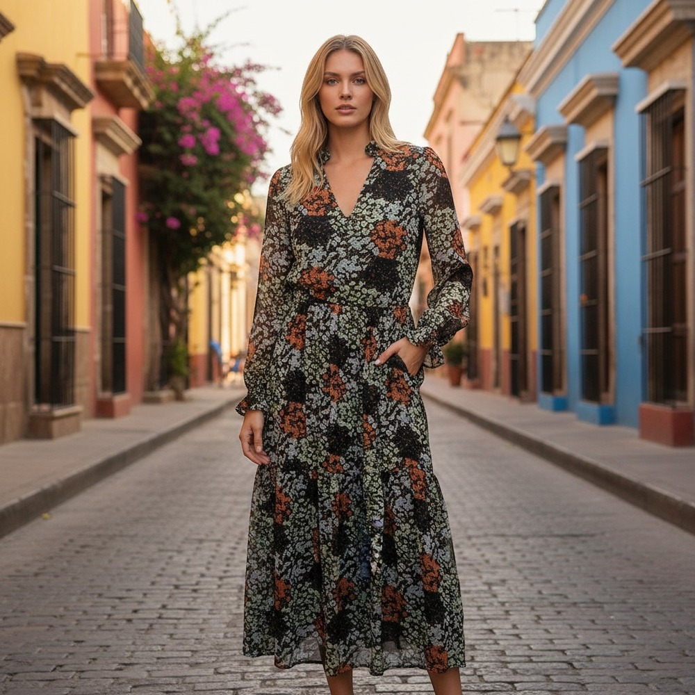 Y.A.S Yasemilio - Dress Floral V-Neck Ruffle Tiered Midi Womens Size Medium